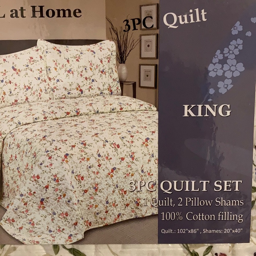 Hotel at home 3pc Quit mauve and blue flowers set King size include shams - Picture 2 of 4